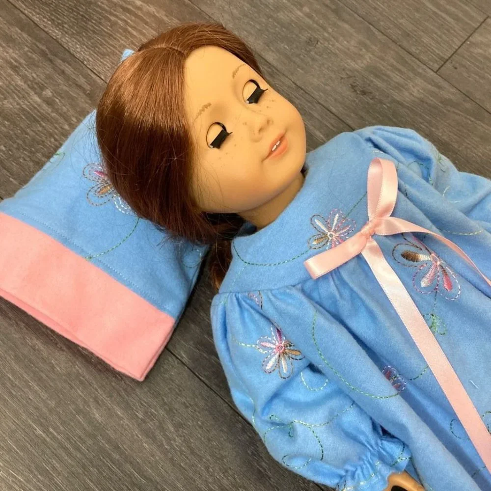 Doll Nightgown Pillow Blue Embroidered Flowers fits American Girl and 18” Dolls - Picture 3 of 5